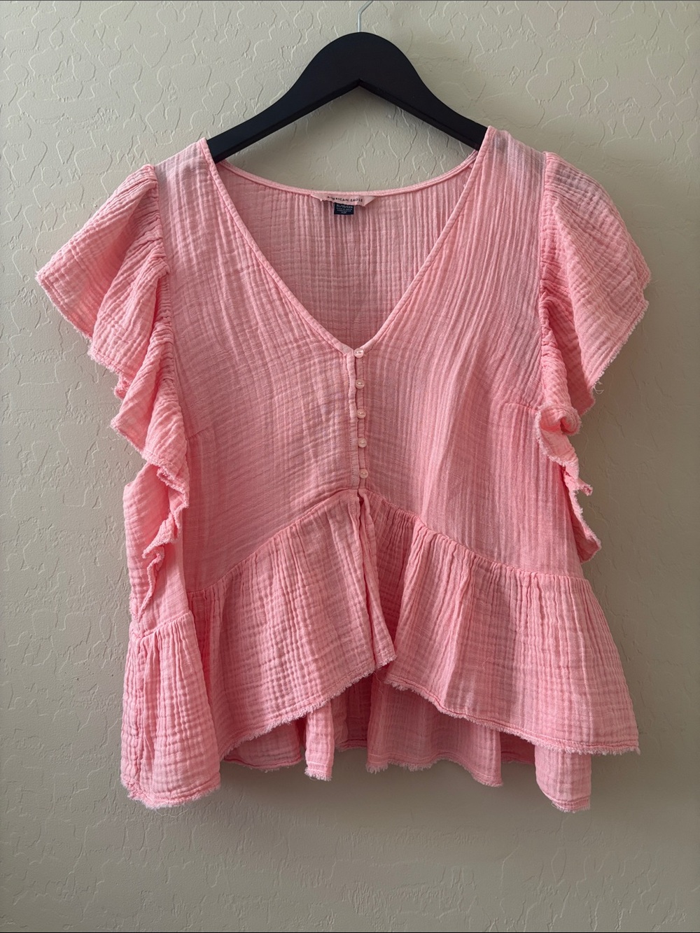 AE Light Pink Ruffle V-Neck Babydoll Buttoned Women's Blouse